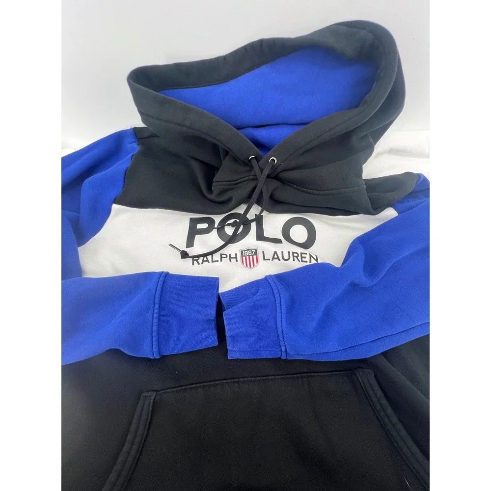 Polo Ralph Lauren Colorblock Hoodie Black Blue White Logo Graphic Size L‎